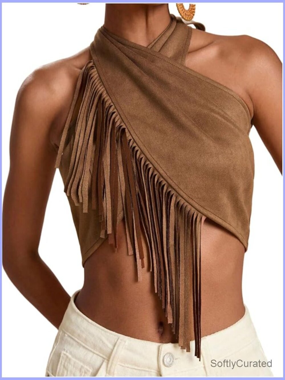 Y2K Suede Fringe Western Cowgirl Asymmetrical Crisscross Wrap Halter Crop Top